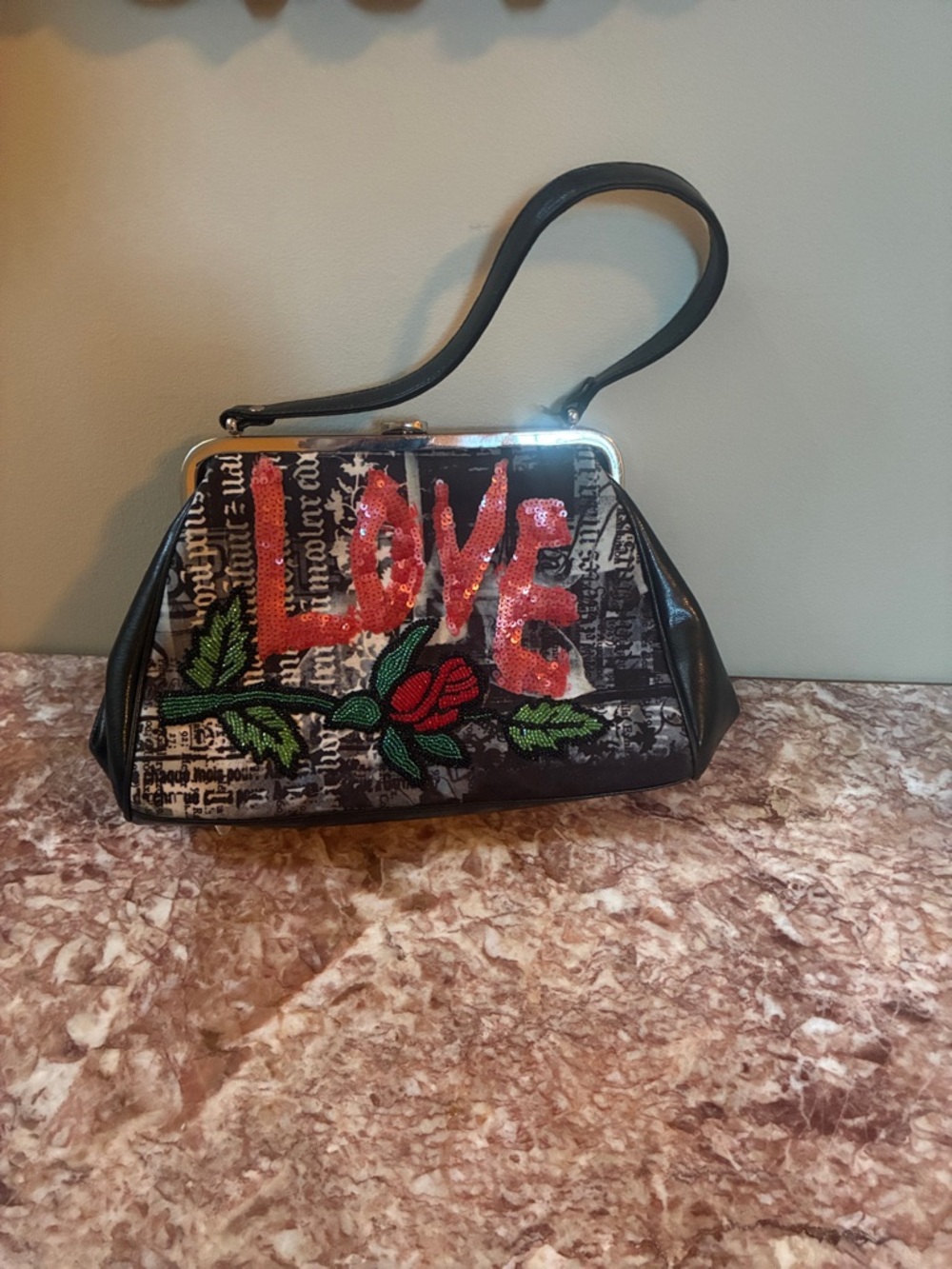 Isabella Fiore Black Clutch with Red Sequin 'LOVE' and Embroidered Rose